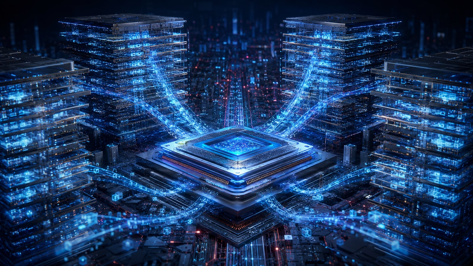Digital artwork: glowing blue HBM memory stacks rising like towers around a central AI accelerator die, data streams flowing between them across a circuit-board cityscape — memory as a co-processor at the heart of the AI factory.