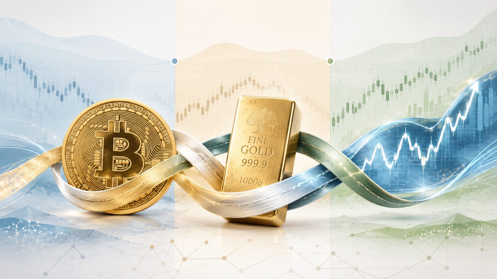 Cover art for cointegration as regime — BTC, gold and an index curve braided together with regime bands behind.