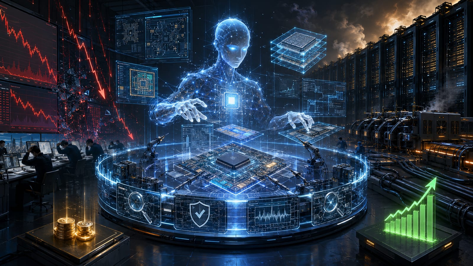 An AI figure assembles a chip design above a verification ring while market screens crash red behind it — the Kimi K3 release meeting the Friday tape.