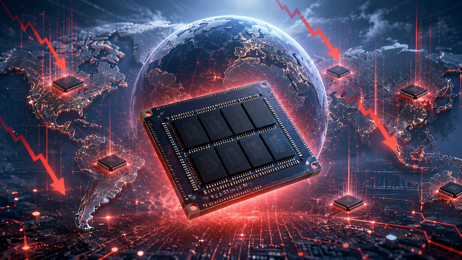 A DRAM/HBM memory module over a blue-lit globe ringed by red downturn arrows and circuit traces — Micron and the AI memory supercycle.