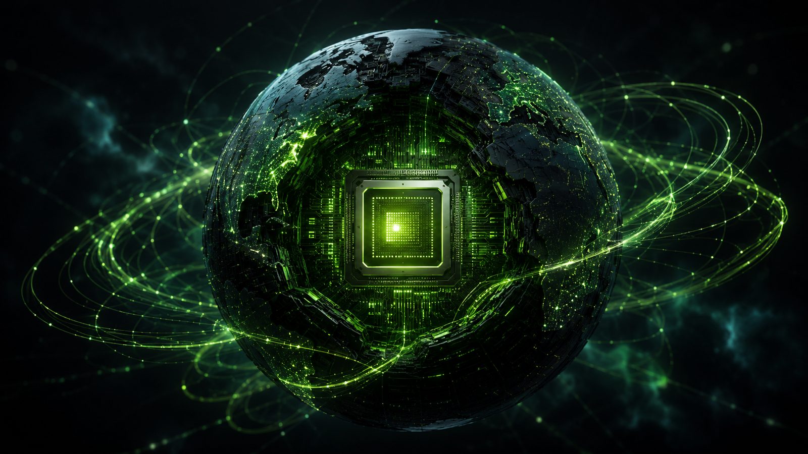 NVIDIA 2030 cover art — a luminous green GPU at the core of a dark globe with data-streams orbiting; NVIDIA as the operating system of global intelligence.