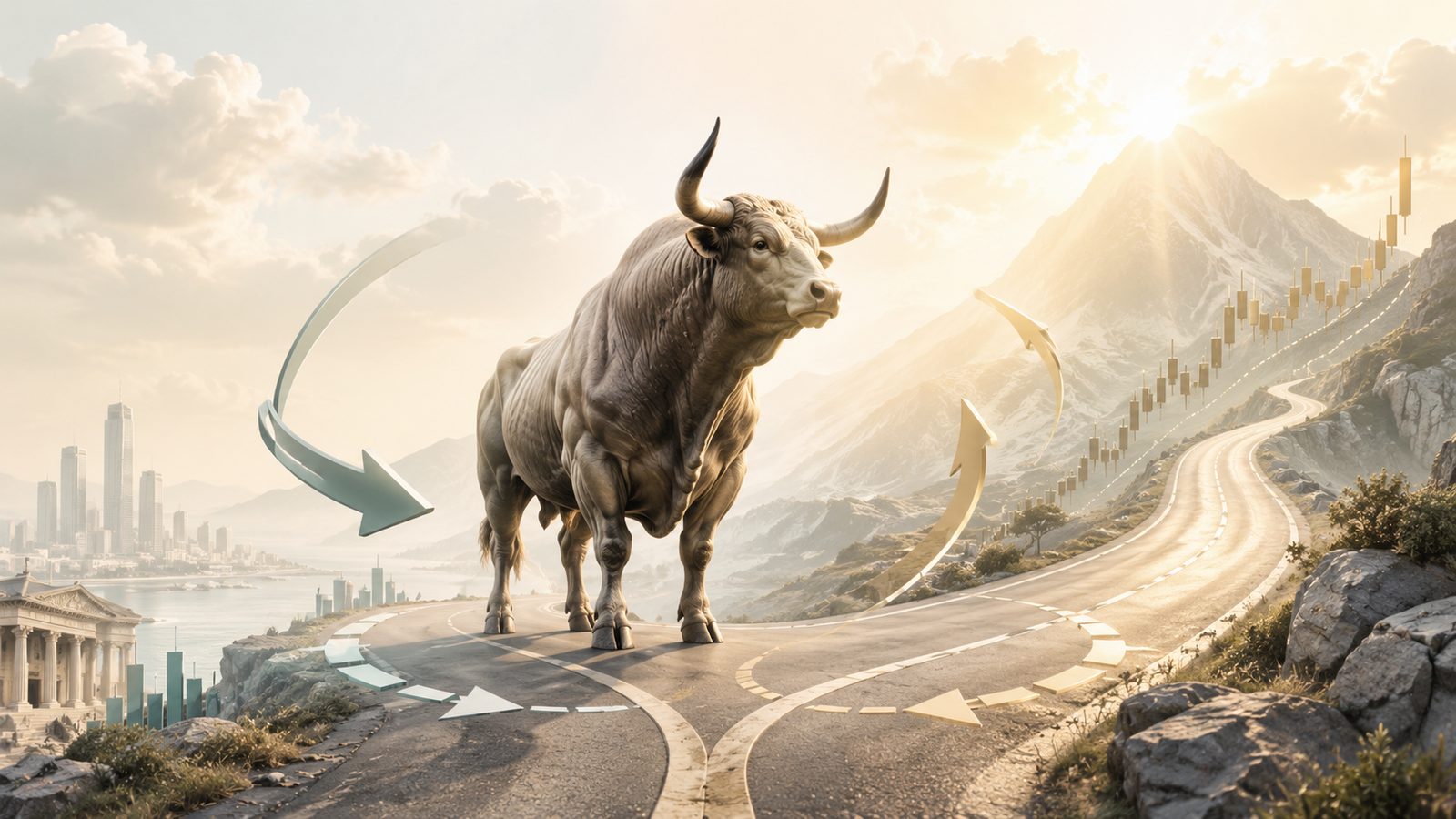 Cover art for the 2026 verification phase — a bull at a fork in a mountain road at sunrise, a rising candle chart climbing the slope; the AI bull market maturing.