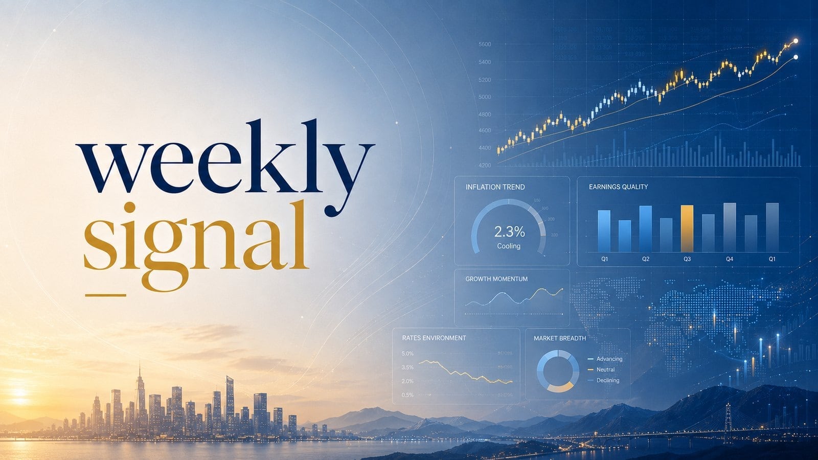 Weekly Signal cover — branded wordmark over a skyline at dawn with dashboard tiles and a rising candle chart: Non-Tech Growth — Two Years of Dead Capital, and Now It Trades Like a Bond