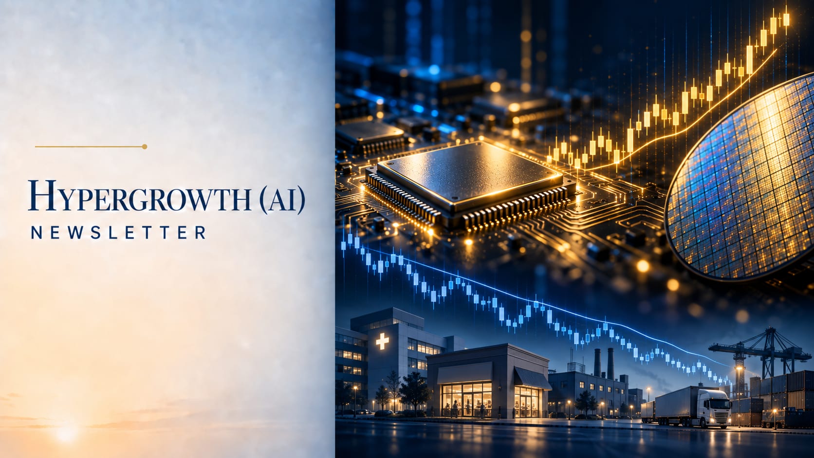 Hypergrowth (AI) Newsletter cover for 4 October 2026 — a chip and a wafer on a rising gold chart above a falling blue chart over a clinic, a shop, a factory and a truck; the week the AI builders rose and non-tech growth sat on its last support.
