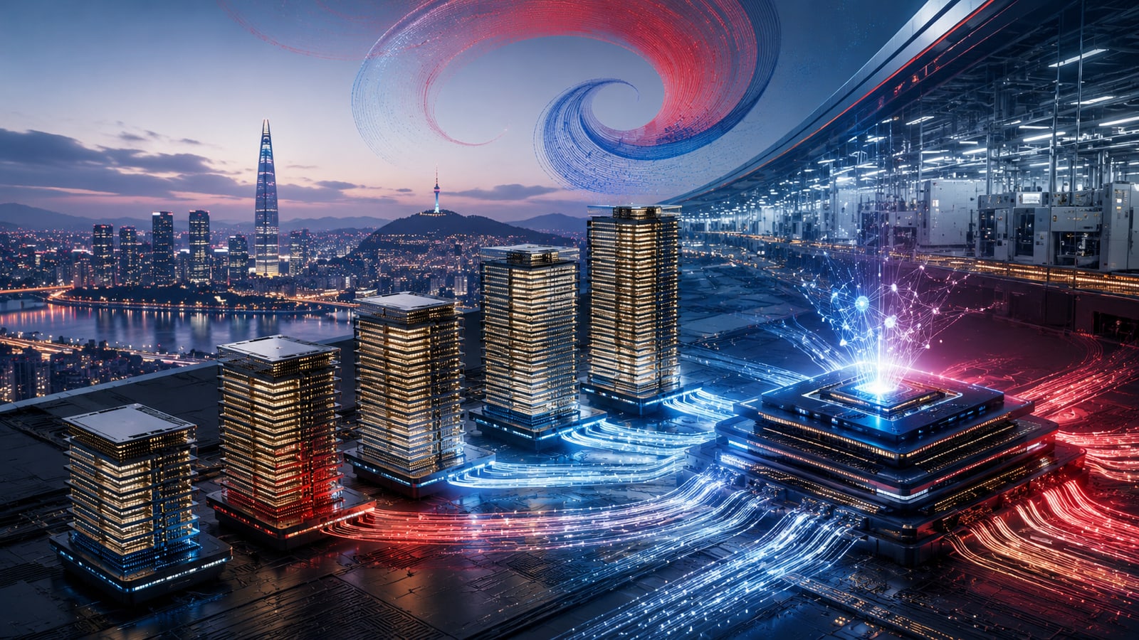 Digital artwork: the Seoul skyline at dusk with illuminated memory-chip server towers in the foreground, glowing blue and red data streams converging on a central AI accelerator package, and a Korean taeguk swirl in the sky — Korean memory makers rising as strategic AI infrastructure.