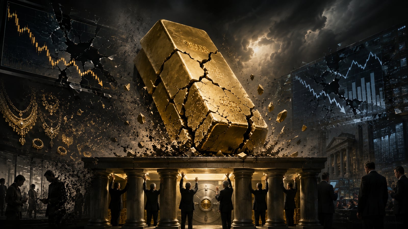 Digital artwork: a massive cracked gold bar resting on a classical colonnaded vault held up from below by central bankers in suits, with their hands pressed against the pillars; gold fragments crumble away as declining price charts shatter on screens to either side and gold jewelry fades on the left — the demand pillars cracking while the central-bank floor holds.