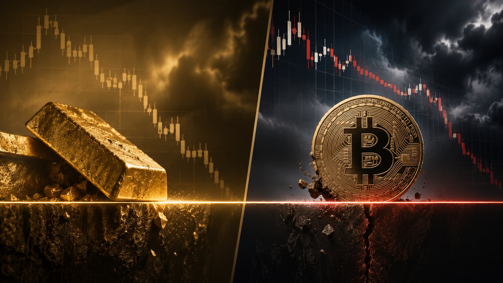 Split digital artwork: gold bars resting on a glowing golden ledge on the left, a Bitcoin coin on a cracking dark ledge on the right, both sitting on a single bright horizontal support line, with descending candlestick charts behind each — gold and bitcoin on their belief line.
