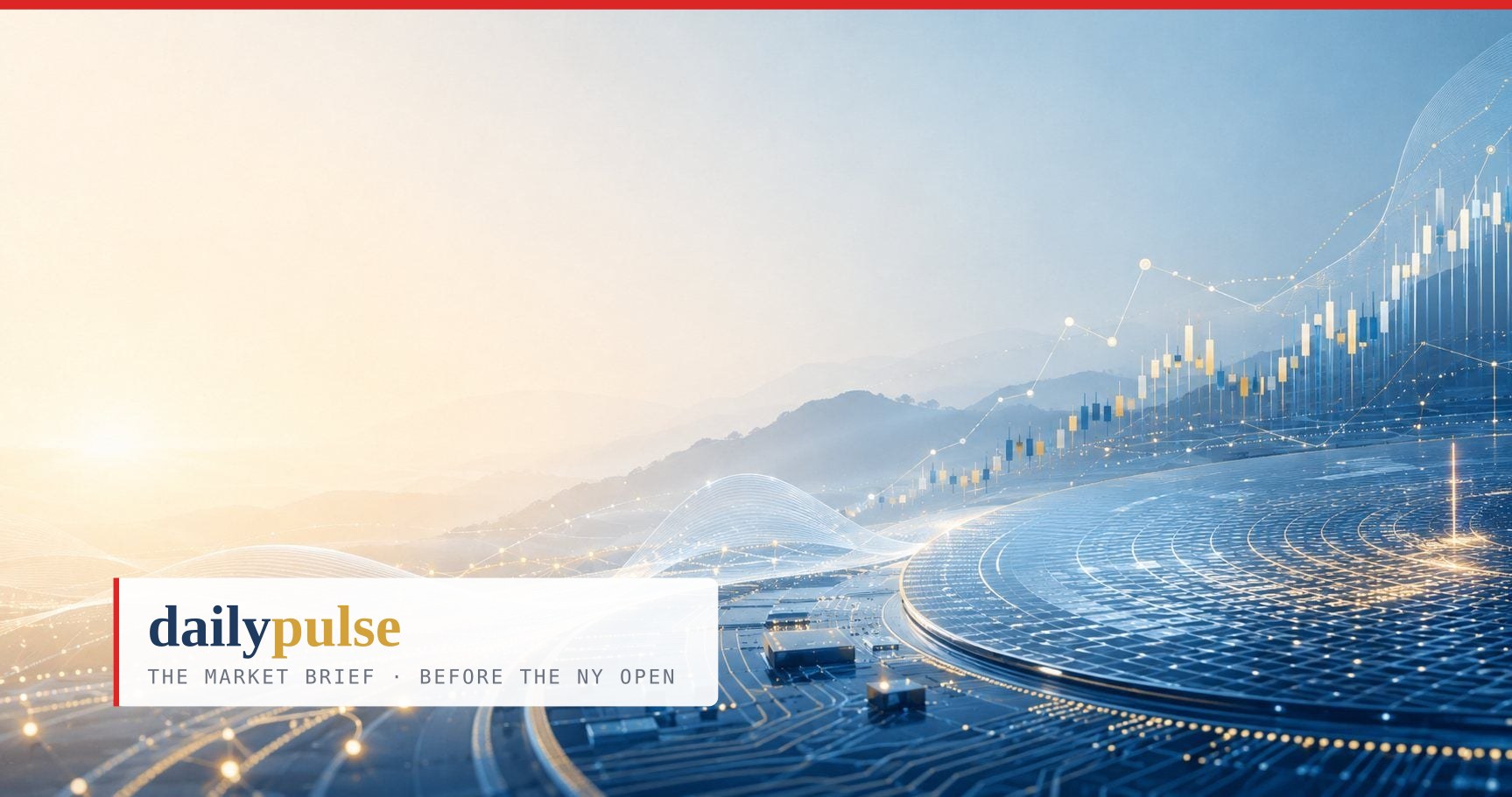 Daily Pulse cover — circuit-board landscape with a wafer disc under rising candles: the information layer the machines are repricing